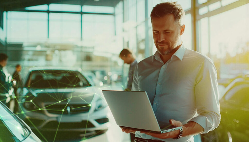 Homem usando laptop em uma concessionária de automóveis, representando a digitalização do processo de vendas e a evolução do papel do vendedor na jornada digital.